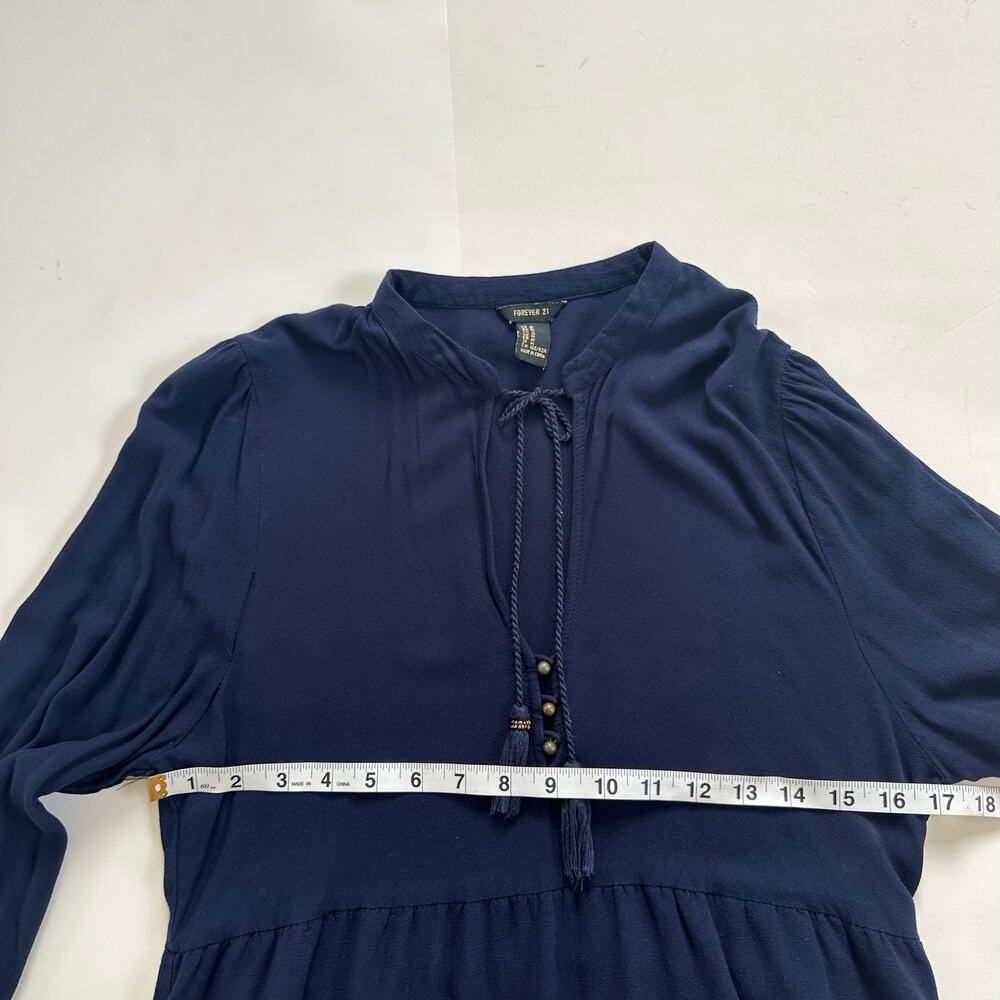 Forever 21 Navy Boho Mini Dress Long Sleeve Tassel Tie Neck Medium Peasant - Picture 10 of 12